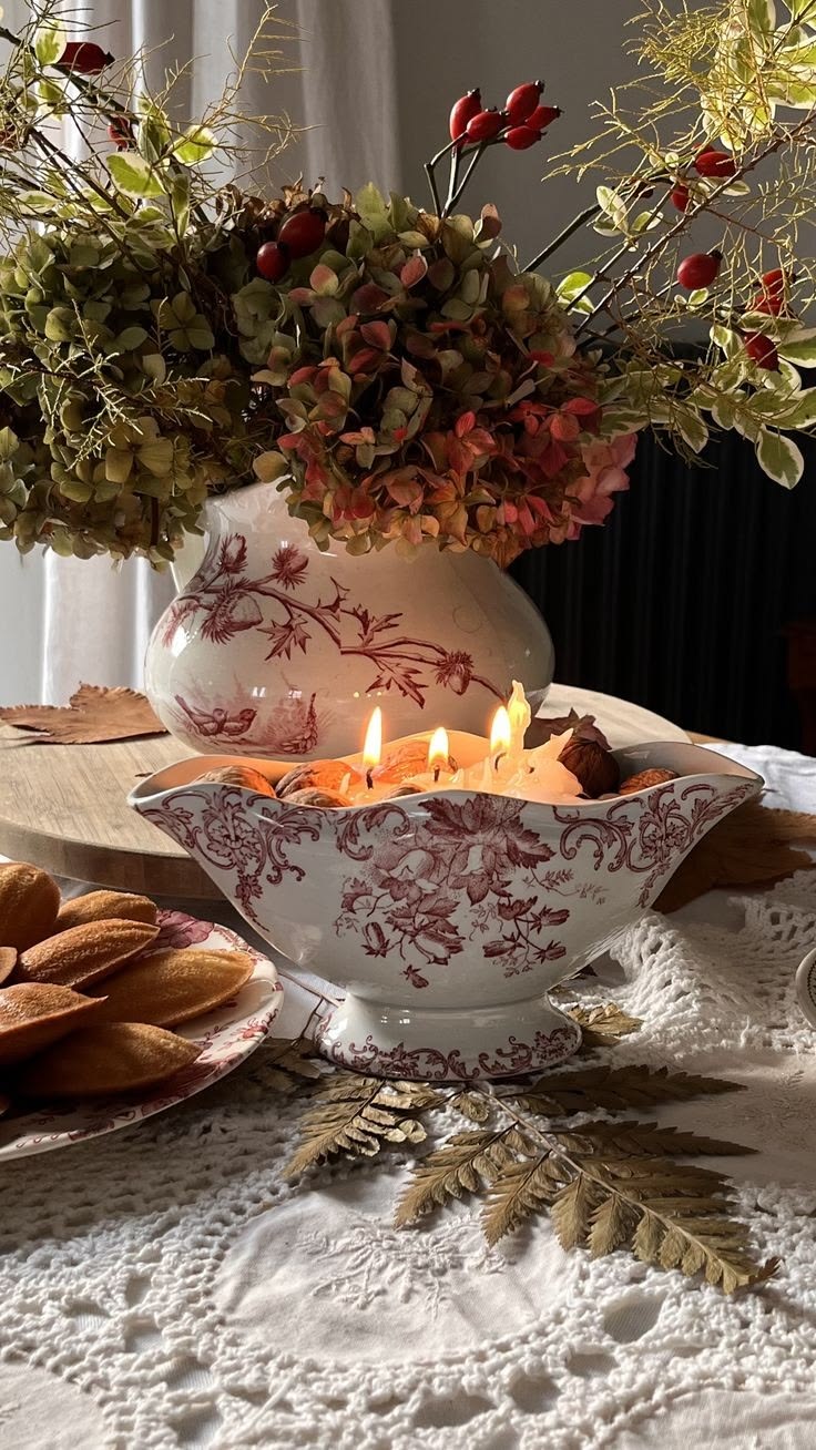 Vintage transferware bowl used as a glowing candle centrepiece for autumn