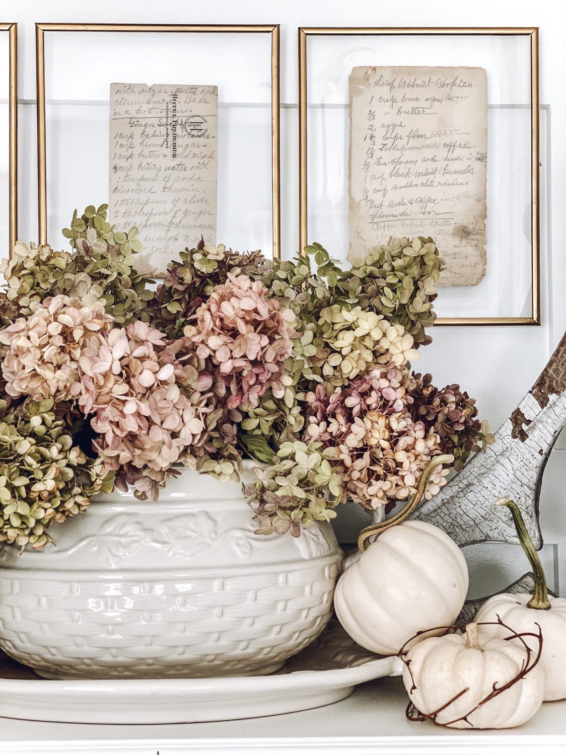Dried hydrangeas arranged in a vintage white ironstone bowl for autumn
