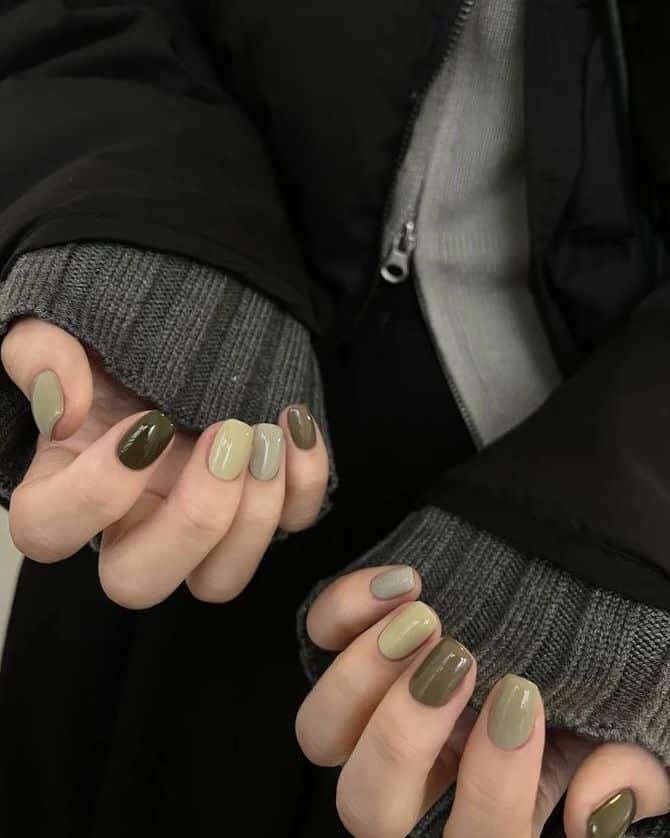 Tonal green skittle nails from sage to deep olive