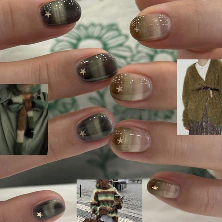 Mossy green cat eye nails with tiny star studs