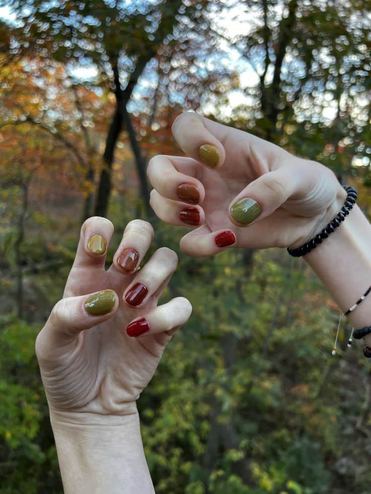 Earthy skittle fall nails in rust, olive and deep red