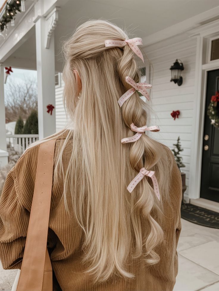 Long blonde half up bubble braid tied with a row of matching pink ribbon bows.