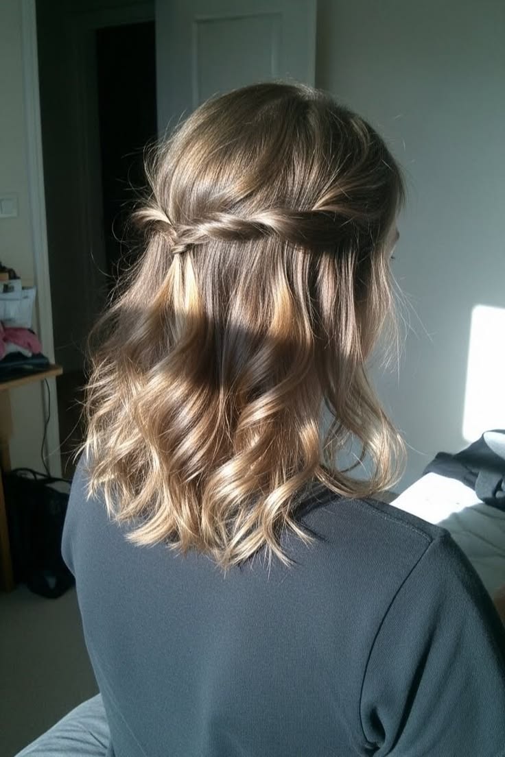 Shoulder length wavy hair pulled into a simple twisted half up style.