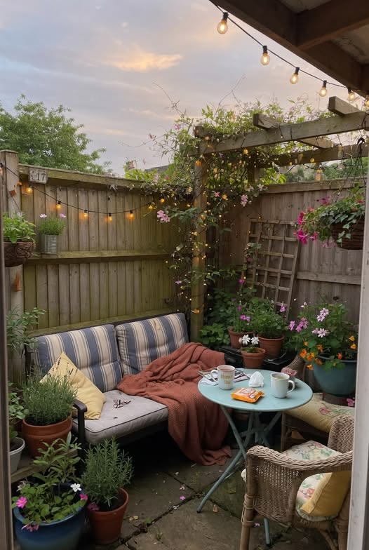 Tiny paved courtyard corner packed with potted lavender and flowers, a cushioned bench and bistro table