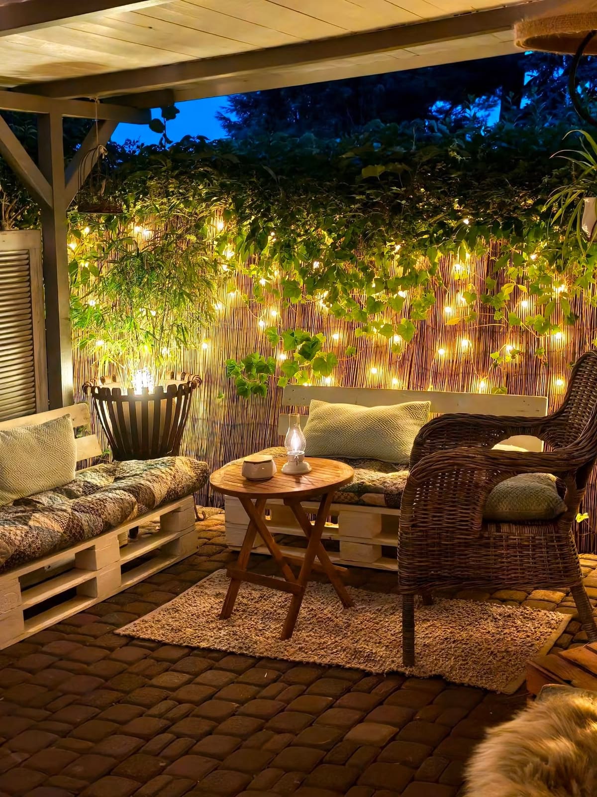 Covered patio with a green wall of climbing foliage wrapped in warm fairy lights above pallet bench seating