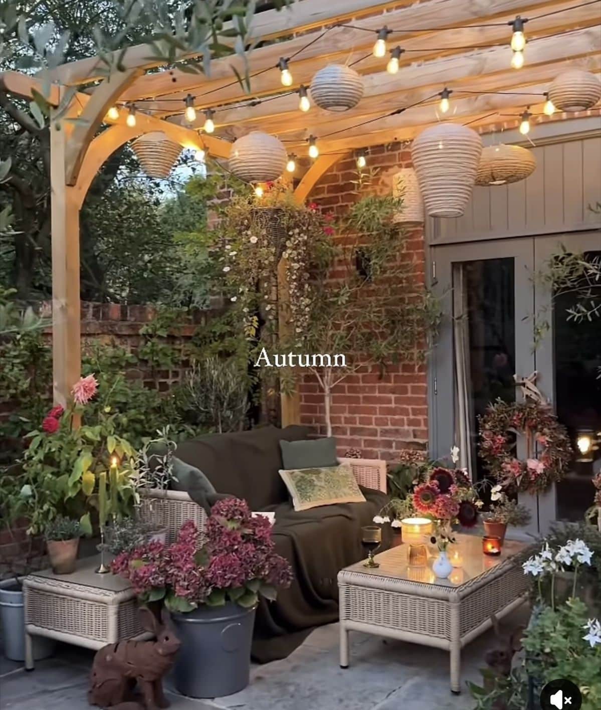 Timber pergola dressed for autumn with festoon lights, paper lanterns, wicker seating and dahlias