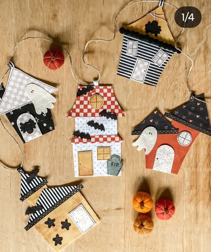 Mini haunted house ornaments layered from patterned paper with ghosts and bats
