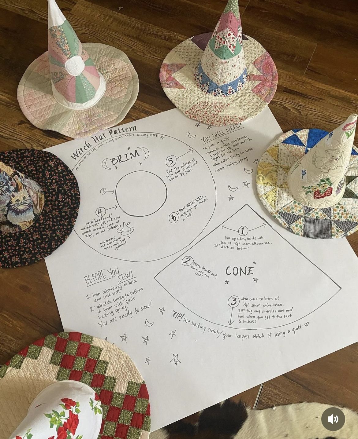 Witch hats sewn from patchwork vintage quilt fabric beside a hand-drawn pattern