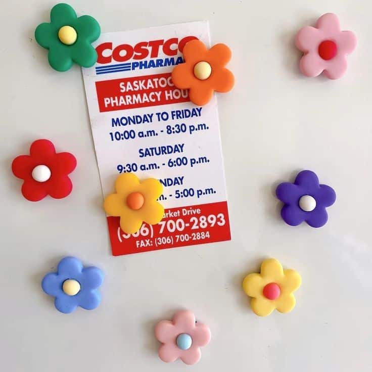 Bold retro clay flower magnets in bright colours with contrasting centres on a white background