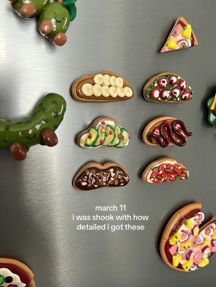 Highly detailed clay food magnets including topped pizza slices, avocado toast and smiling pickle characters
