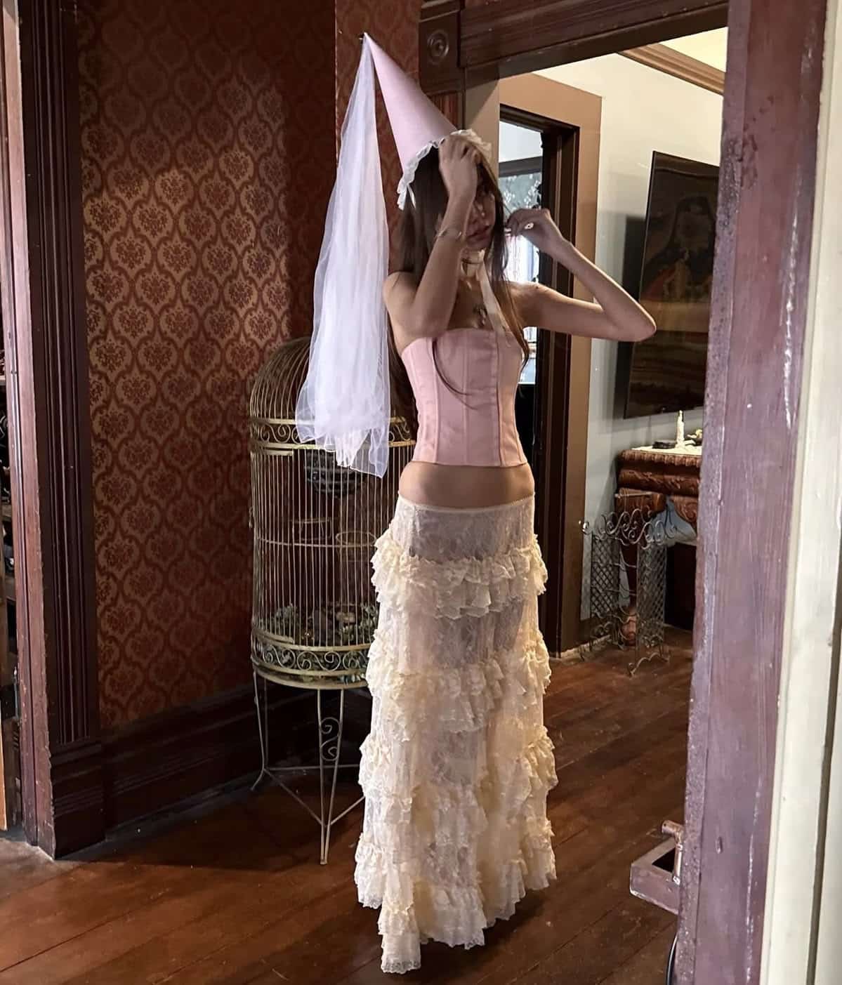 Person in a pink corset and cream lace skirt with a pointed cone hat and veil, dressed as a fairytale princess.