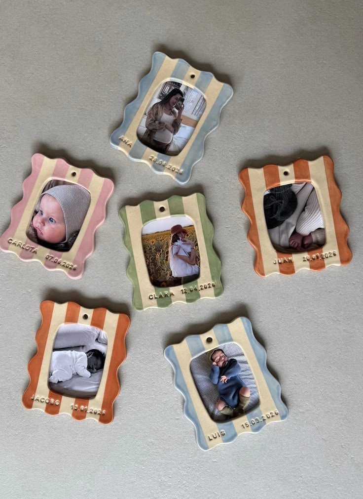 Wavy striped clay photo ornaments stamped with names and dates