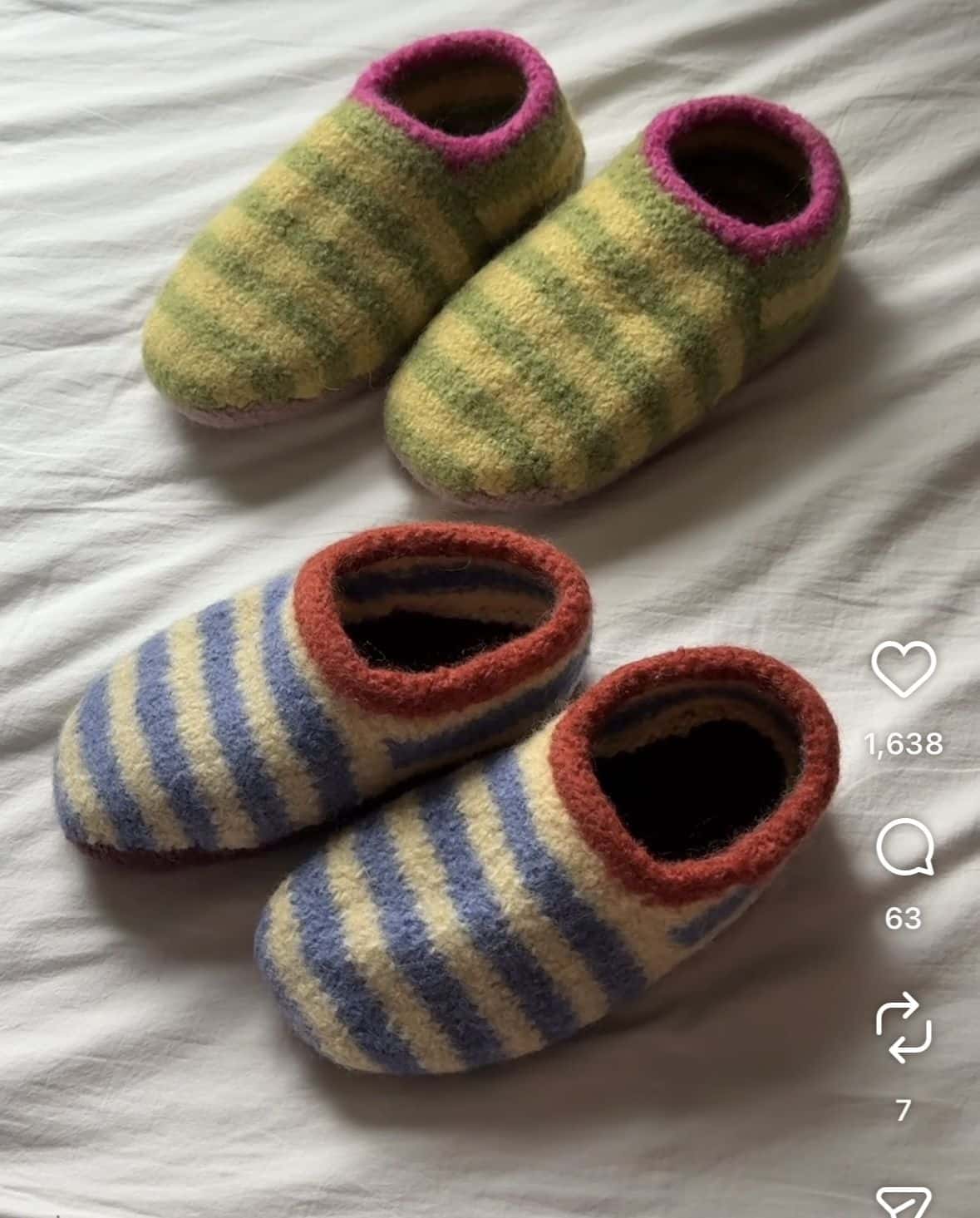 Two pairs of felted striped wool slippers with contrast cuffs