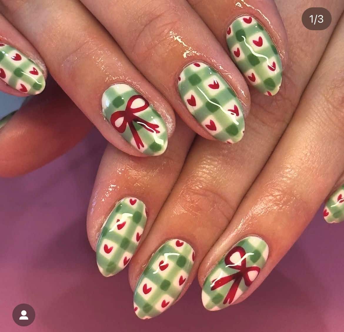 Green gingham Christmas nails with red hearts and red bow accents