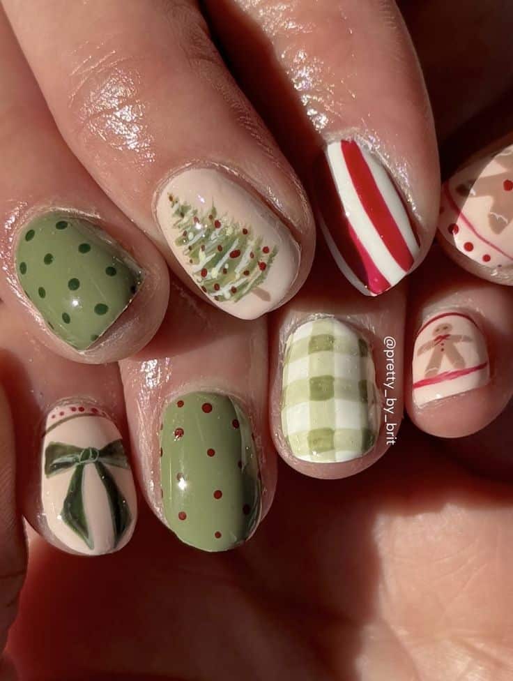Vintage Christmas nails in sage, cream and red with polka dots, gingham, a tree and a gingerbread man