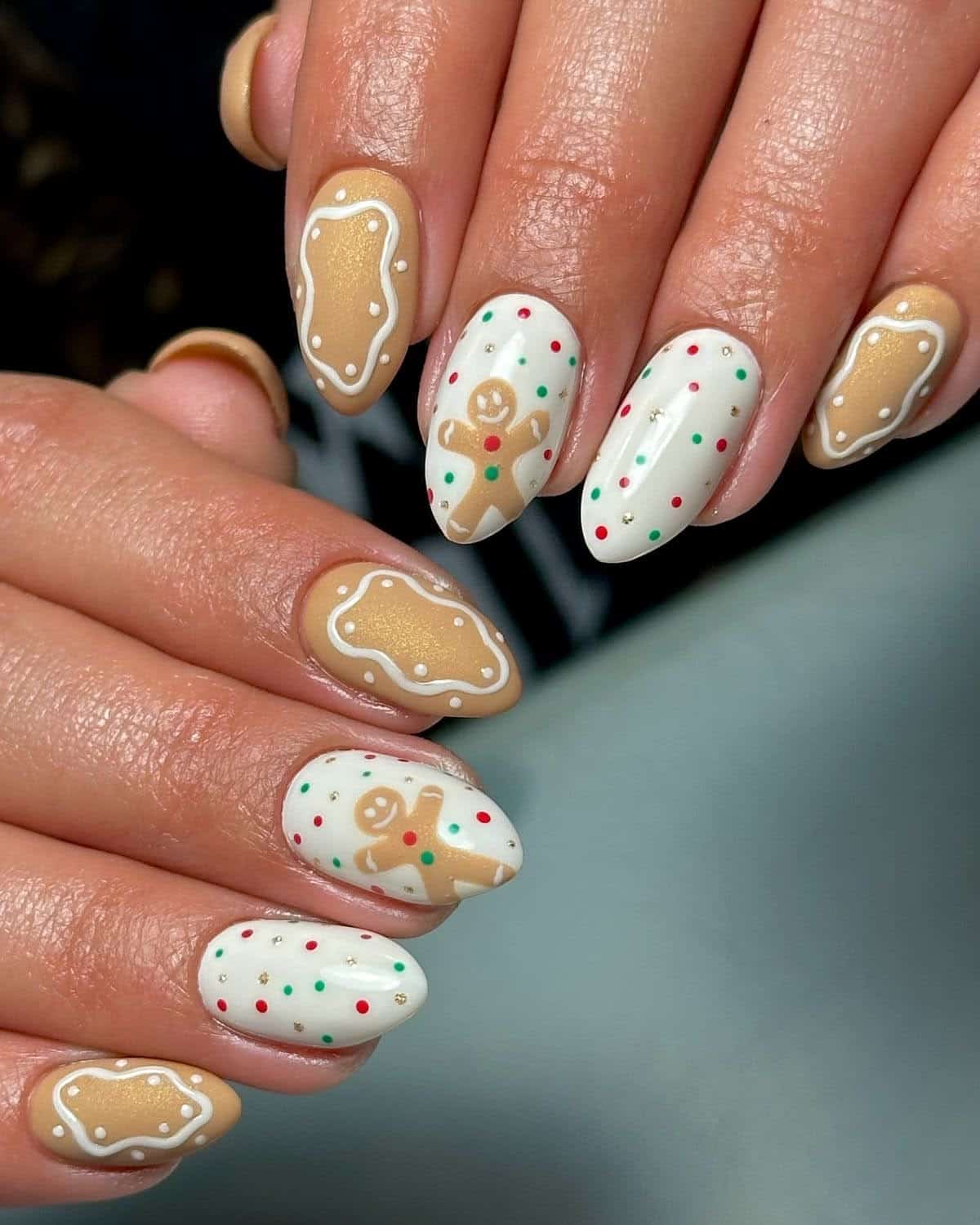 Gingerbread cookie Christmas nails with icing details and gingerbread men