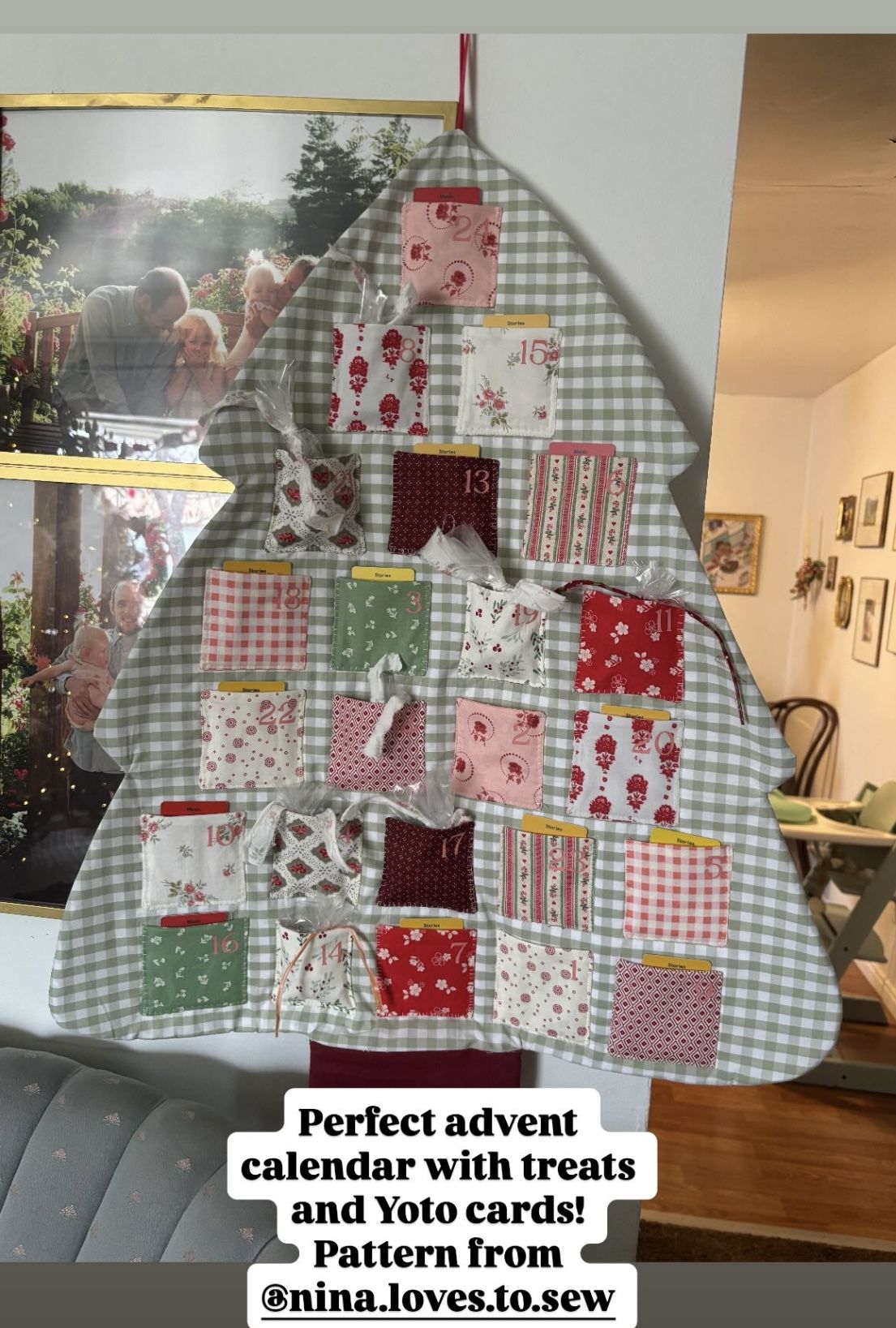 Sage gingham Christmas tree advent calendar with floral fabric pockets and numbered patches