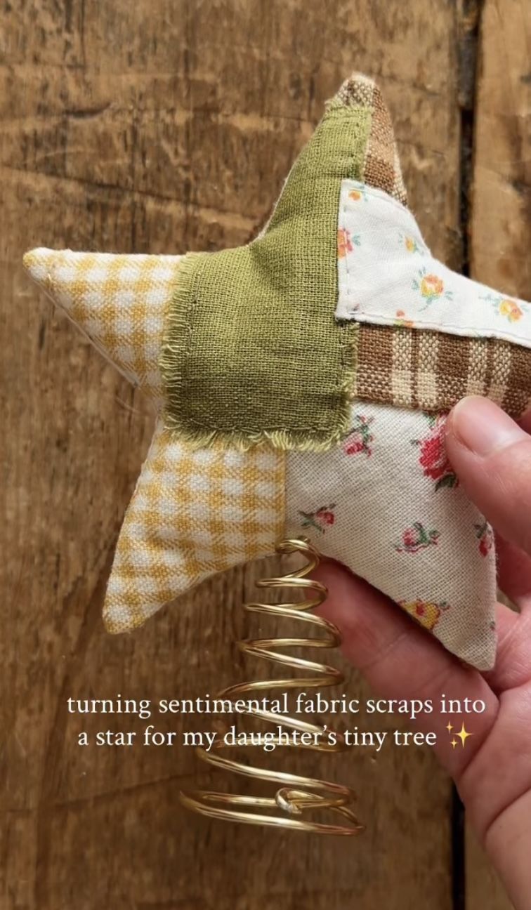 Patchwork fabric star tree topper in gingham, floral and green linen with a coiled gold wire base