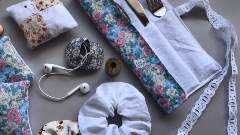 flat lay of scrap fabric sewing project ideas. Head phone case, cutlery holder, scrunchies, wheat bags and pin cushions